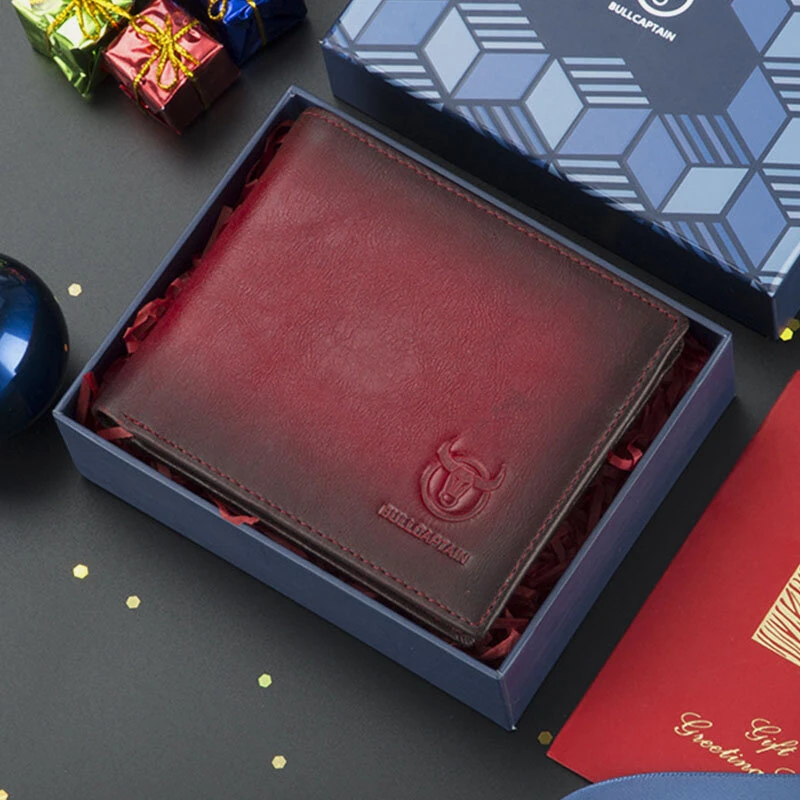 (image for) BULLCAPTAIN Genuine Leather RFID Blocking Wallet for Men, Retro Thin Short Multi-functional ID Credit Card Holder Multiple Card Slots Purse with Gift Box, Gifts To Mens Birthday