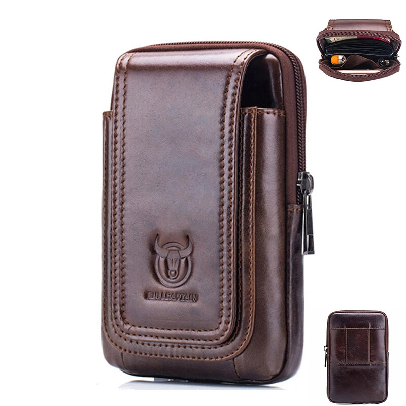 (image for) BULLCAPTAIN Men's Leather Belt Waist Bag Travel Small Fanny Pack Phone Pouch Multifunctional Male Waist Bag Leather Pouch